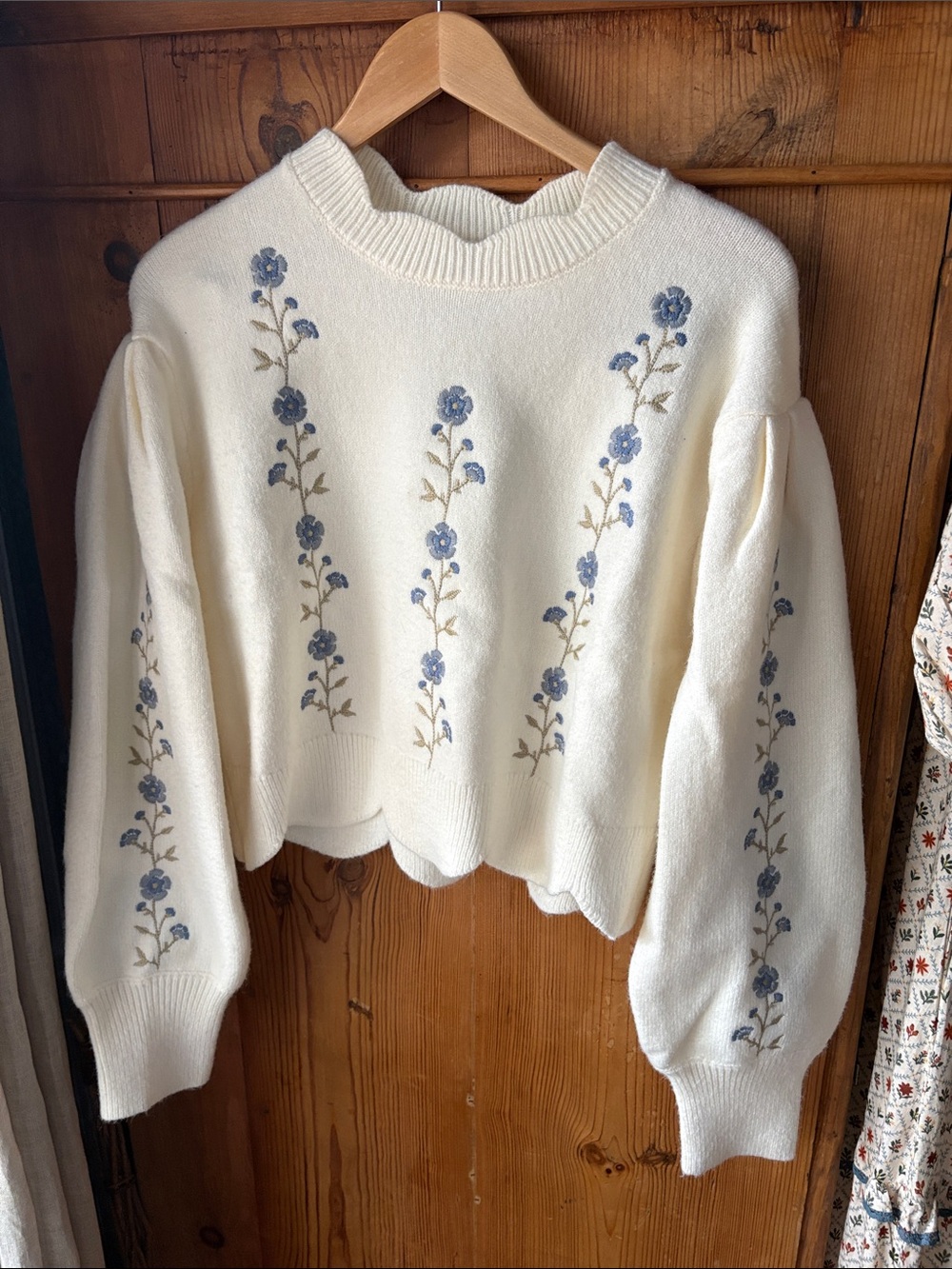 Ivory Crewneck Sweater with Blue Floral Embroidery